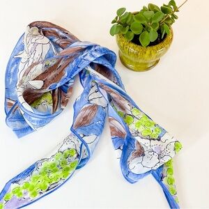 VINTAGE Silk Scarf Blue Green Floral Long Skinny
